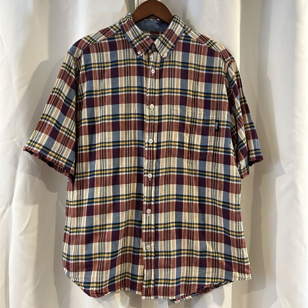 Woolrich Button Down Shirt Mens Large red/blue Plaid Short Sleeve Hiking
